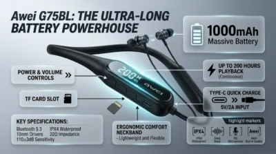 Infographic showing the Awei G75BL neckband with its LED battery display and 1000mAh battery specifications.