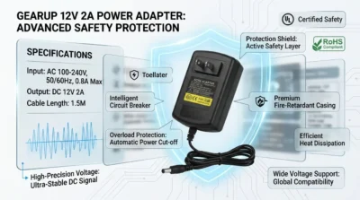 Safety-focused infographic for GearUp adapter detailing circuit breaker, overload protection, and high-precision voltage features.