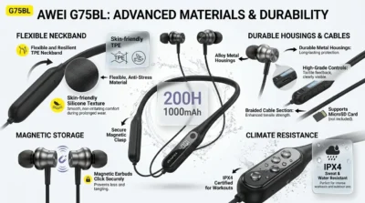 Infographic of Awei G75BL neckband highlighting its sweat-resistant build, magnetic earbuds, and comfortable silicone material.