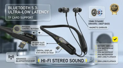 Infographic detailing the Bluetooth 5.3 connectivity, TF card support, and 10mm drivers of the Awei G75BL sports neckband.