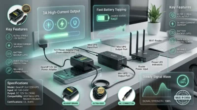 Infographic showing GearUP 12V 3A Power Adapter charging a WGP Mini UPS and powering a router with clear labels on charging efficiency.