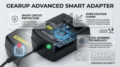 Safety infographic for GearUP Power Adapter highlighting its smart chip and protection layers against surges and overheating.