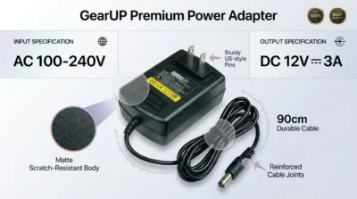 Product design infographic for GearUP 12V 3A Adapter detailing its matte finish, reinforced cable joints, and sturdy pin construction.
