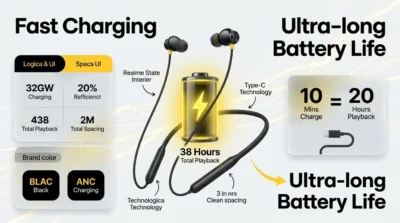 Battery performance infographic for Realme Buds Wireless 5 ANC showing 38-hour playback and fast charging.