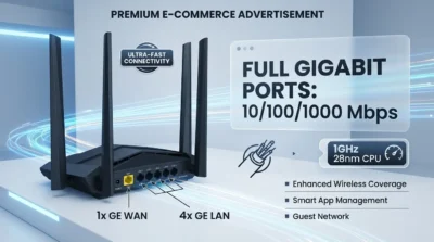 Infographic of Tenda AC10 showing its Gigabit ports and 1GHz CPU for high-speed fiber internet.