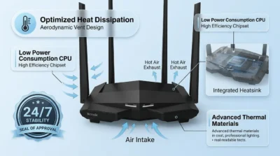 Infographic of Tenda AC10 highlighting its aerodynamic heat dissipation design and 1GHz low-power CPU stability.