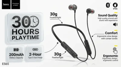 Battery and daily use infographic for Hoco ES65 highlighting 30-hour playtime and 200mAh battery with sleek glass UI panels.