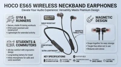 Infographic depicting the target audience for Hoco ES65 earphones with focus on athletes, commuters, and students using glass UI callouts.