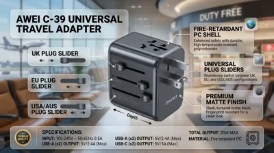 Design-focused infographic of the Awei C-39 showing its fire-retardant material and universal travel plug sliding mechanisms.