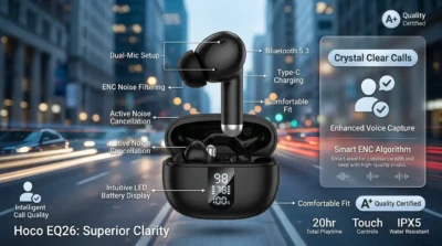 Close-up infographic of Hoco EQ26 earbud microphones with ENC technology callouts for clear voice calls.