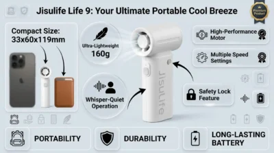Infographic showing the compact dimensions, 160g weight, and premium build quality of the Jisulife Life 9 portable fan.