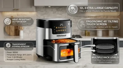 E-commerce infographic of National View 12L Digital Air Fryer highlighting its oven-style design, 45-degree tilting touch screen, and multi-rack interior.