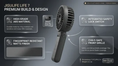 Product infographic of the JISULIFE Life 7 fan focusing on its matte black ABS plastic build, safety lock switch, and protective grille.