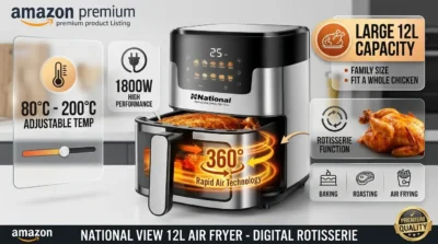 Product infographic showcasing the 360-degree rapid air technology, 1800W power, and rotisserie function of the National View 12L Air Fryer.