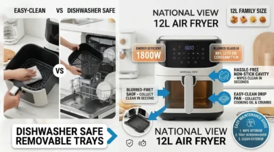 Infographic illustrating the energy-efficient 1800W heating system and dishwasher-safe cleaning components of the National View Air Fryer.