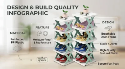 A detailed infographic highlighting the durable PP plastic construction and moisture-proof design of a 5-layer shoe rack.
