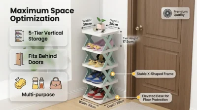A space-saving infographic showing the 30x28cm footprint and vertical dimensions of the 5-layer shoe stand.