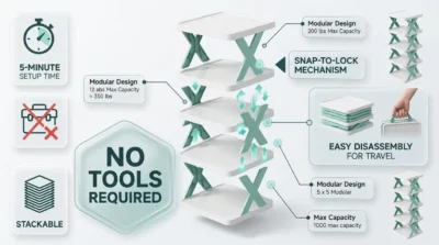 Infographic demonstrating the easy, tool-free snap assembly process of the portable 5-tier shoe rack.