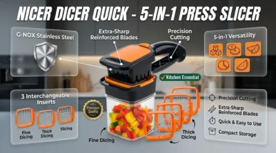 Infographic highlighting the 5-in-1 cutting styles and G-NOX stainless steel blade quality of the Nicer Dicer Quick vegetable cutter.