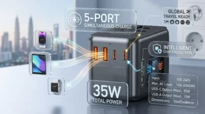 Performance infographic for Awei C-39 showing 5-port charging capability and 35W fast charging speed metrics.