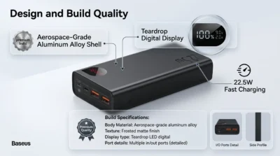 Infographic showing the Baseus Adaman 22.5W 20000mAh power bank with its matte metal shell and teardrop digital display.
