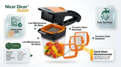 Maintenance infographic for the Nicer Dicer Quick illustrating easy cleaning steps and dishwasher safety.