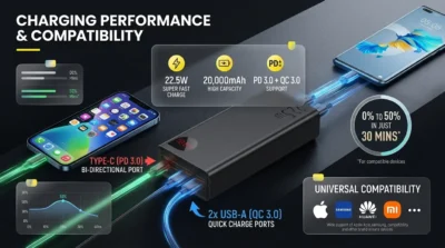 Infographic detailing the fast charging capabilities of the Baseus Adaman 20000mAh power bank, supporting PD 3.0 and Huawei SCP.