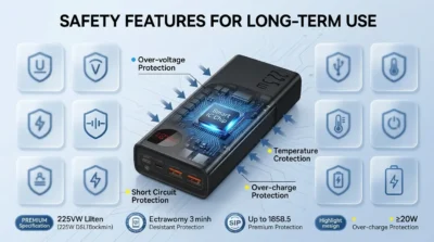 Infographic explaining the 9 layers of safety protection and smart chip technology in the Baseus Adaman power bank.