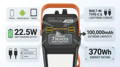 Product infographic highlighting the 100,000mAh capacity and 7 output ports of the Hoco DB49 power bank with built-in cables.