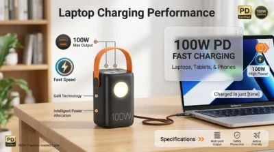 Infographic showing the HOCO DB160 Power Bank charging a laptop at 100W PD speed with technical feature callouts.