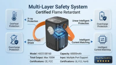 Technical infographic illustrating the multi-layer safety protections and intelligent chip features of the HOCO DB160 Power Bank.