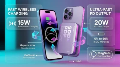 Infographic demonstrating the Momax 1-Power Pass charging an iPhone wirelessly, highlighting 20W PD wired and 15W wireless charging speeds.