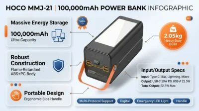 Hoco MMJ-21 Action 100,000mAh power bank featuring a rugged black flame-retardant body, orange carrying handle, and digital LED energy display for outdoor use.