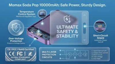 Technical infographic of the Momax 1-Power Pass focusing on safety features like over-voltage protection and heat management certifications.