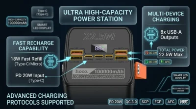 Close-up of the Hoco MMJ-21 power bank port interface showing 8 USB-A ports, Type-C, and Micro-USB inputs with 22.5W fast charging labels.