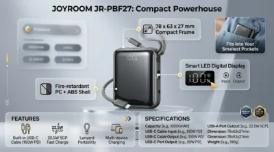 Infographic showing the compact design, fireproof materials, and digital LED display of the Joyroom JR-PBF27 mini power bank.