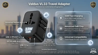 Infographic for Valdus VL33 showcasing its 33W GaN technology for cool and efficient charging.