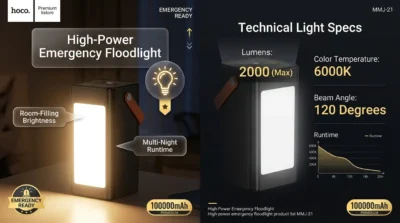 Hoco MMJ-21 power bank with its large built-in LED floodlight illuminated, acting as an emergency lamp for home or outdoor use.