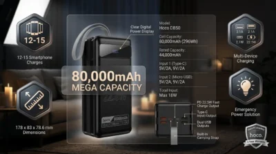 Infographic showing the Hoco DB50 80,000mAh power bank highlighting its massive battery capacity and digital display for emergency power backup.