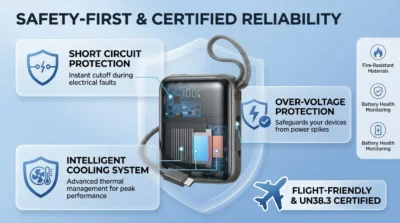 Infographic illustrating the multi-layer safety protections, cooling system, and flight-friendly certification of the Joyroom JR-PBF27.