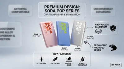 Infographic showing Momax Soda Pop power banks in three colors with highlights on the aluminum alloy build and ergonomic design.