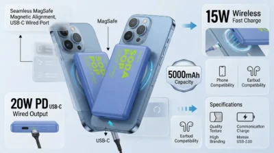 Technical infographic of Momax 1-Power Pass power bank highlighting 20W PD wired and 15W wireless charging specifications.