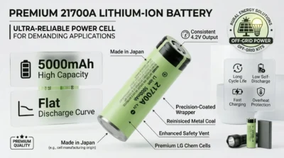 Infographic showing the 21700A 5000mAh battery highlighting its Japanese origin, flat discharge curve, and 4.2V performance for solar projects.