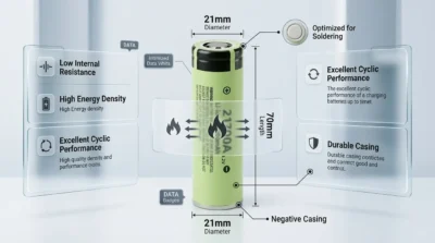 Technical infographic of the 21700A battery illustrating its 21mm by 70mm dimensions and durable Japanese build quality.
