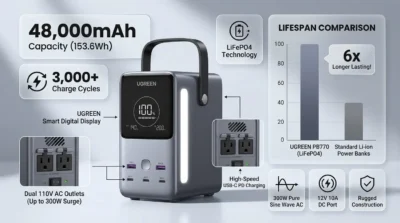 Infographic showing Ugreen PB770's 48,000mAh LiFePO4 battery specs, 3000+ cycle lifespan, and device charging capacities.