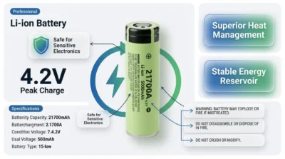 Infographic showing the safety features of the 21700A battery including heat management and stable energy output for electronic gadgets.
