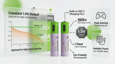 Infographic showing Smartoools RB20 AAA batteries maintaining constant 1.5V output compared to 1.2V NiMH batteries.