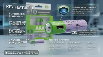 Close-up infographic of a Smartoools AAA battery highlighting its built-in Type-C port and internal safety chipset.