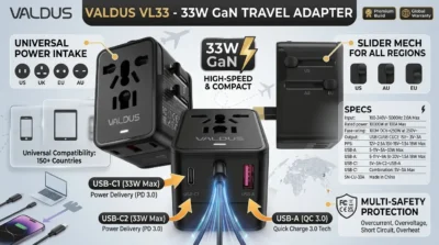 Product infographic illustrating the Valdus VL33 multi-port design and universal travel compatibility.