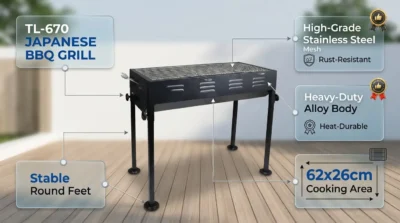 Infographic showing the durable alloy and stainless steel build quality of the TL-670 Portable BBQ Grill with feature labels.